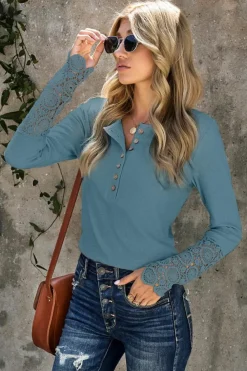 Discount Dear-Lover Crochet Lace Hem Sleeve Button Top Gray