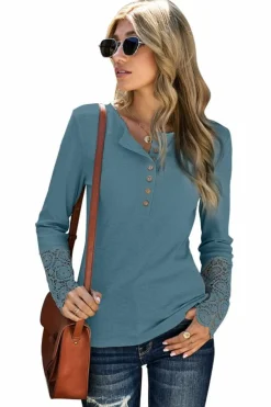 Discount Dear-Lover Crochet Lace Hem Sleeve Button Top Gray