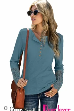 Discount Dear-Lover Crochet Lace Hem Sleeve Button Top Gray