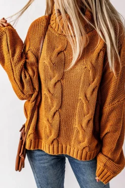Fashion Dear-Lover Cuddle Weather Cable Knit Handmade Turtleneck Sweater Yellow