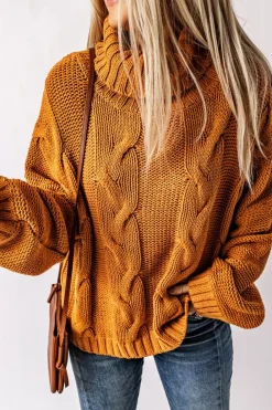 Fashion Dear-Lover Cuddle Weather Cable Knit Handmade Turtleneck Sweater Yellow