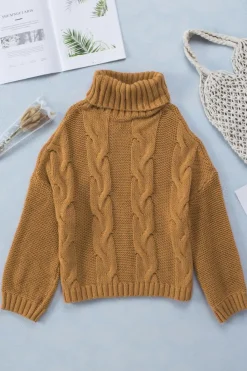 Fashion Dear-Lover Cuddle Weather Cable Knit Handmade Turtleneck Sweater Yellow