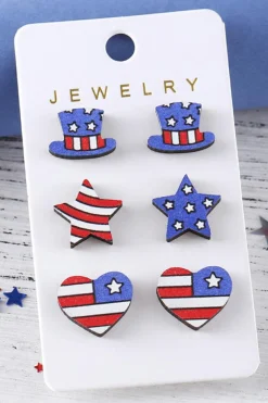 Fashion Dear-Lover American Flag Hat Star Heart Stud Earrings Dark Blue