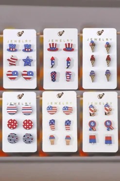 Fashion Dear-Lover American Flag Hat Star Heart Stud Earrings Dark Blue