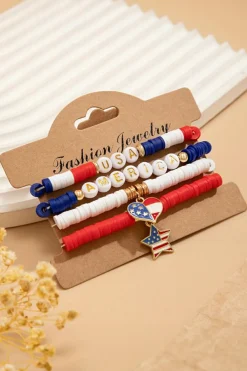 Clearance Dear-Lover American Flag Pendant Letter Beaded Bracelet Set Dark Blue
