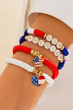 Clearance Dear-Lover American Flag Pendant Letter Beaded Bracelet Set Dark Blue