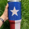 New Dear-Lover American Flag Star Full Rhinestone Handle Tumbler 40oz Dark Blue