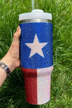 New Dear-Lover American Flag Star Full Rhinestone Handle Tumbler 40oz Dark Blue