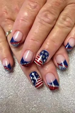 Best Dear-Lover American Flag Shiny Square False Nails Dark Blue