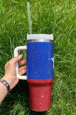 New Dear-Lover American Flag Star Full Rhinestone Handle Tumbler 40oz Dark Blue