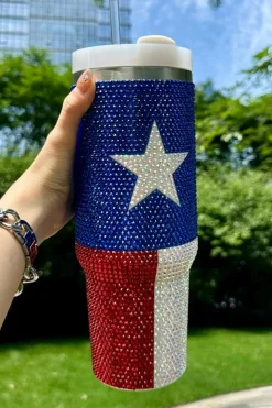 New Dear-Lover American Flag Star Full Rhinestone Handle Tumbler 40oz Dark Blue