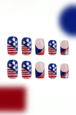 Best Dear-Lover American Flag Shiny Square False Nails Dark Blue
