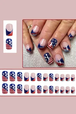 Best Dear-Lover American Flag Shiny Square False Nails Dark Blue