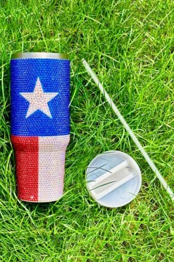 New Dear-Lover American Flag Star Full Rhinestone Handle Tumbler 40oz Dark Blue
