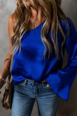 Online Dear-Lover Asymmetric One Shoulder Bell Sleeve Satin Blouse Dark Blue