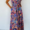 New Dear-Lover Boho Floral V Neck Ruffle Tiered Long Dress Dark Blue