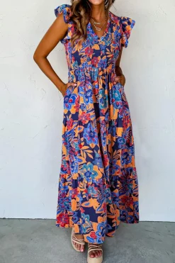 New Dear-Lover Boho Floral V Neck Ruffle Tiered Long Dress Dark Blue