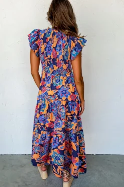 New Dear-Lover Boho Floral V Neck Ruffle Tiered Long Dress Dark Blue
