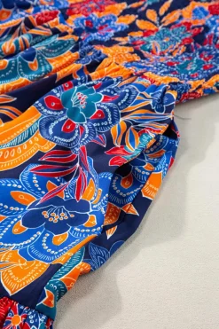 New Dear-Lover Boho Floral V Neck Ruffle Tiered Long Dress Dark Blue