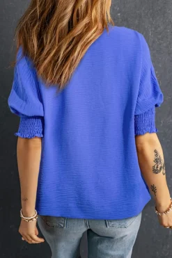 Online Dear-Lover Boxy Collared Smocked Sleeve Cuffs Blouse Dark Blue
