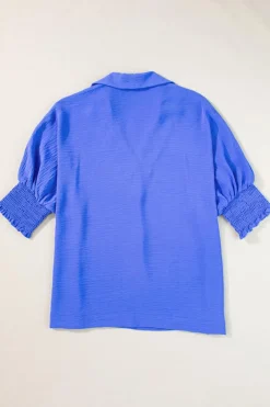 Online Dear-Lover Boxy Collared Smocked Sleeve Cuffs Blouse Dark Blue