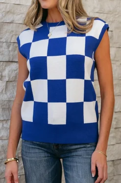 Best Dear-Lover Cherckerboard Round Neck Sweater Vest Dark Blue