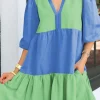 New Dear-Lover Colorblock Frilled V Neck Puff Half Sleeve Shift Dress Dark Blue