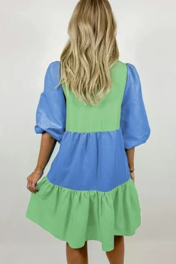 New Dear-Lover Colorblock Frilled V Neck Puff Half Sleeve Shift Dress Dark Blue