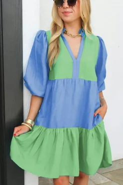 New Dear-Lover Colorblock Frilled V Neck Puff Half Sleeve Shift Dress Dark Blue