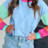 Sale Dear-Lover Colorblock Patchwork Long Sleeve Loose Top Dark Blue