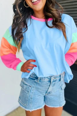 Sale Dear-Lover Colorblock Patchwork Long Sleeve Loose Top Dark Blue