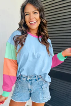 Sale Dear-Lover Colorblock Patchwork Long Sleeve Loose Top Dark Blue