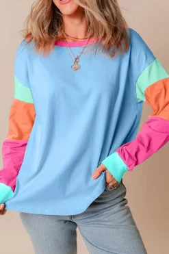 Sale Dear-Lover Colorblock Patchwork Long Sleeve Loose Top Dark Blue