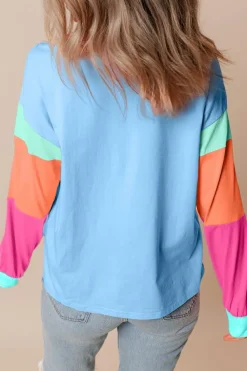 Sale Dear-Lover Colorblock Patchwork Long Sleeve Loose Top Dark Blue