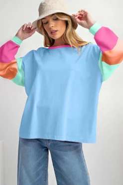 Sale Dear-Lover Colorblock Patchwork Long Sleeve Loose Top Dark Blue
