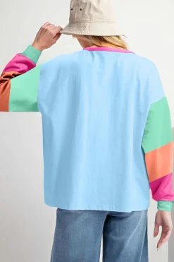 Sale Dear-Lover Colorblock Patchwork Long Sleeve Loose Top Dark Blue