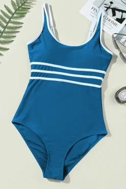 Sale Dear-Lover Contrast Trim Colorblock U Neck One Piece Swimwear Dark Blue