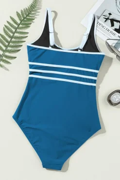 Sale Dear-Lover Contrast Trim Colorblock U Neck One Piece Swimwear Dark Blue