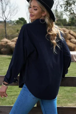 Sale Dear-Lover Dark Corduroy Button Pocket Shirt Blue
