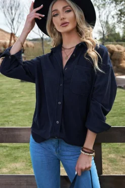 Sale Dear-Lover Dark Corduroy Button Pocket Shirt Blue