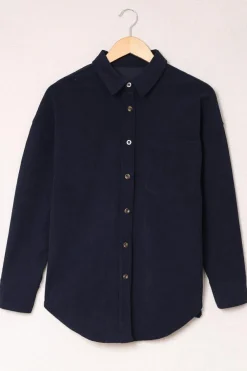 Sale Dear-Lover Dark Corduroy Button Pocket Shirt Blue