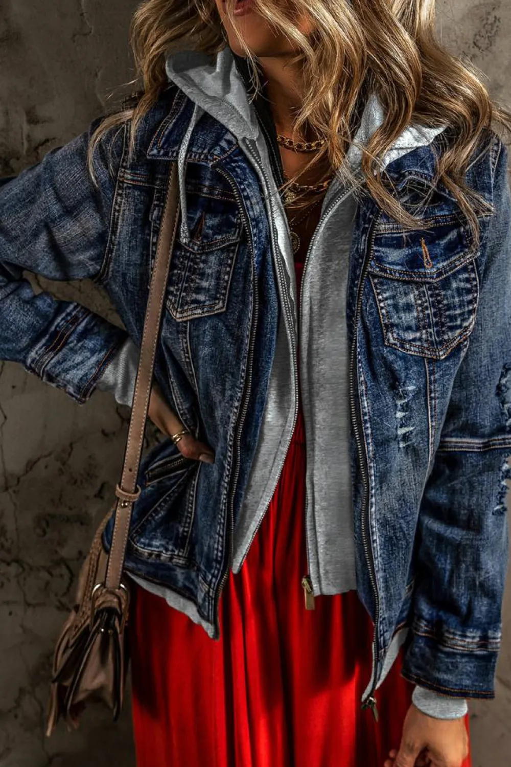 Discount Dear-Lover Fake Two-Piece Hooded Zip-Up Denim Jacket Dark Blue