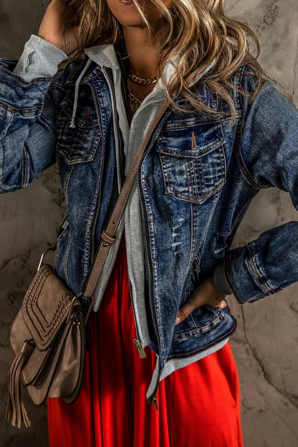Discount Dear-Lover Fake Two-Piece Hooded Zip-Up Denim Jacket Dark Blue