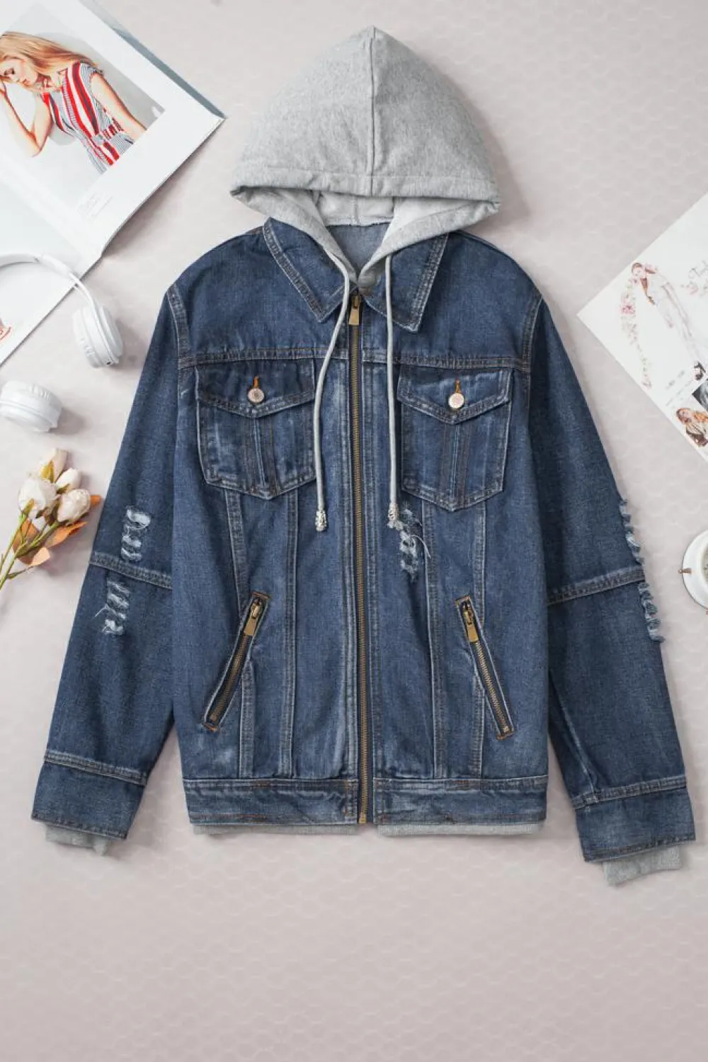 Discount Dear-Lover Fake Two-Piece Hooded Zip-Up Denim Jacket Dark Blue