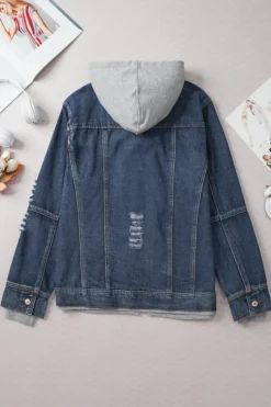 Discount Dear-Lover Fake Two-Piece Hooded Zip-Up Denim Jacket Dark Blue