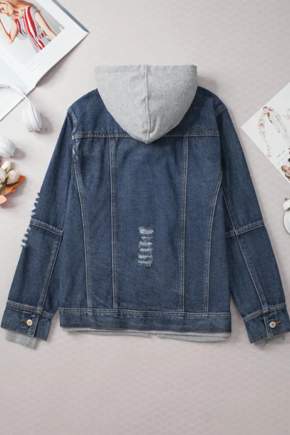 Discount Dear-Lover Fake Two-Piece Hooded Zip-Up Denim Jacket Dark Blue