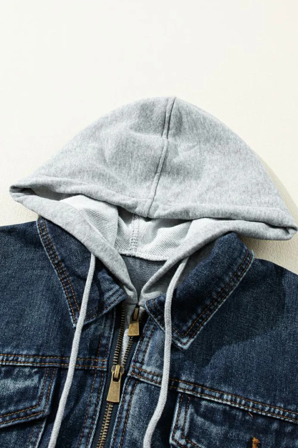 Discount Dear-Lover Fake Two-Piece Hooded Zip-Up Denim Jacket Dark Blue