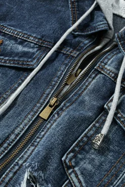 Discount Dear-Lover Fake Two-Piece Hooded Zip-Up Denim Jacket Dark Blue