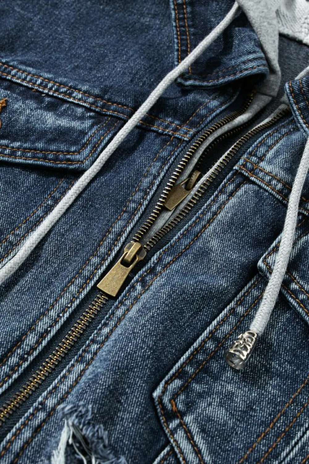 Discount Dear-Lover Fake Two-Piece Hooded Zip-Up Denim Jacket Dark Blue