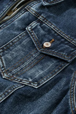 Discount Dear-Lover Fake Two-Piece Hooded Zip-Up Denim Jacket Dark Blue